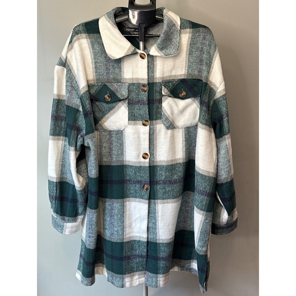 SHEIN CURVE Shacket Women 4XL Green Plaid Longline Oversized Flannel Jacket